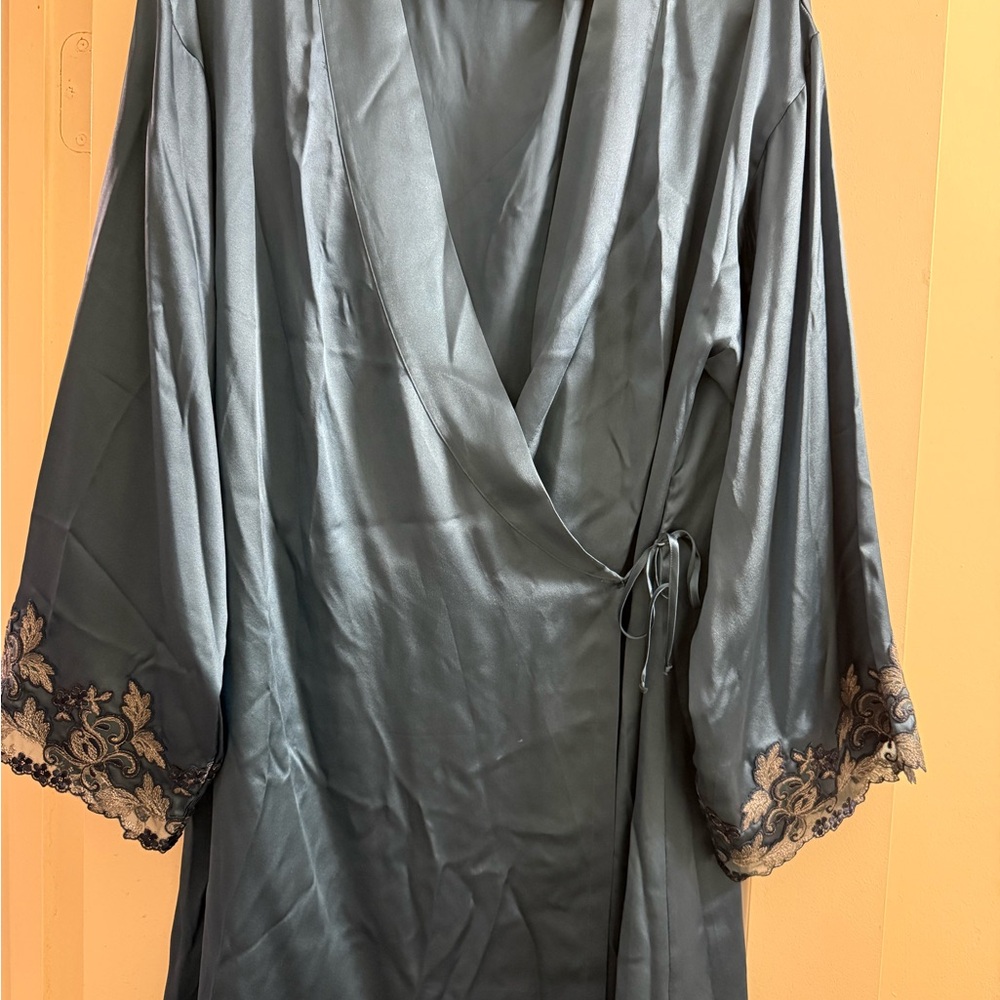 La Perla Satin Robe with Lace Trim in Black